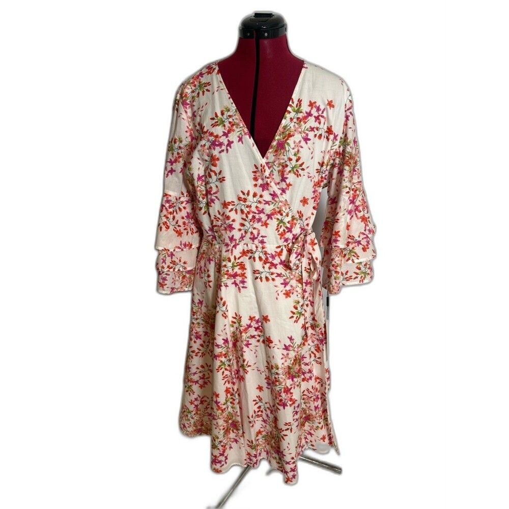 NWT Calvin Klein Cotton Floral Wrap Dress Size 12 Multi-Color 3/4 Ruffled Sleeve